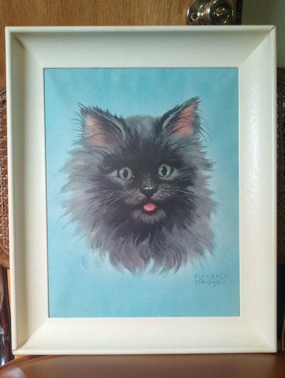 Vintage MCM Black & Gray Persian Cat/Kitten Feline Painting by Florence Kroger